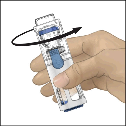Una mano sostiene un dispositivo médico transparente con componentes azules y una flecha negra indica el movimiento de rotación del