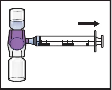 Diagramma che mostra una siringa orizzontale collegata a un flacone di vetro con un connettore viola e una freccia nera che indica il movimento verso destra