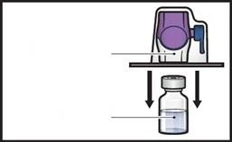 Diagramma che mostra un dispositivo medico viola su una superficie con frecce che indicano il trasferimento di liquido in un flaconcino di vetro