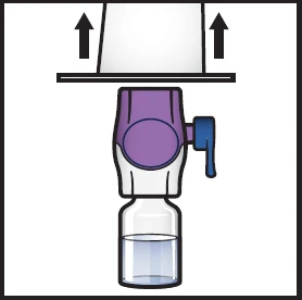 Disegno tecnico di un dispositivo medico viola che si stacca da un flacone di vetro contenente un liquido trasparente con frecce nere verso l'alto