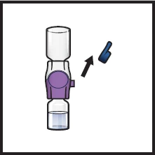Diagramma che mostra un dispositivo medico composto da un contenitore trasparente superiore, un corpo centrale viola e una base con liquido