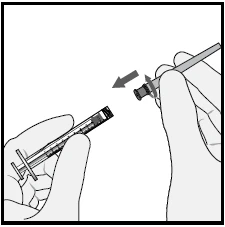 Two hands assembling or disassembling syringe components, with a gray arrow indicating the insertion movement between the two parts