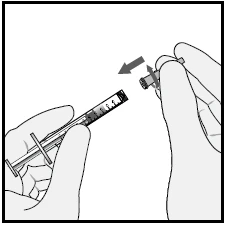 Two hands removing the cap from a syringe, with arrows indicating the withdrawal motion