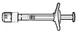 Black and white technical drawing of a horizontal syringe with cylindrical barrel, plunger on the right, and tip with cap on the left