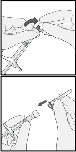 Two hands rotating a cap onto a syringe, and a second image showing the detachment of the upper component from the syringe