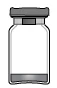 Clear glass vial with gray stopper and dark seal on top, and a thick gray base
