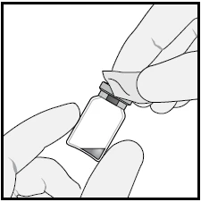 Two hands holding a small glass vial with a gray stopper containing a small amount of clear liquid