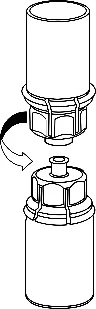 Dibujo técnico que muestra el movimiento rotatorio de una parte superior cilíndrica para atornillar o desatornillar un componente sobre una base cilíndrica