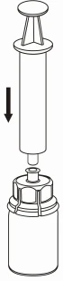 Dibujo técnico de una jeringa con émbolo que se empuja hacia abajo con una flecha negra para aspirar el líquido de un frasco médico