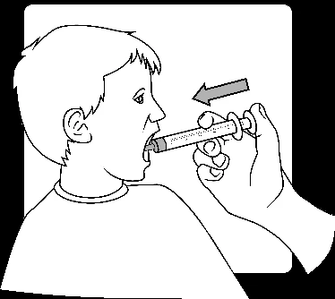 Disegno lineare di un bambino che tiene una siringa con la bocca aperta mentre una mano spinge lo stantuffo verso l'interno