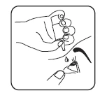 Dibujo lineal que muestra una mano aplicando una gota de líquido sobre la piel del rostro cerca del ojo