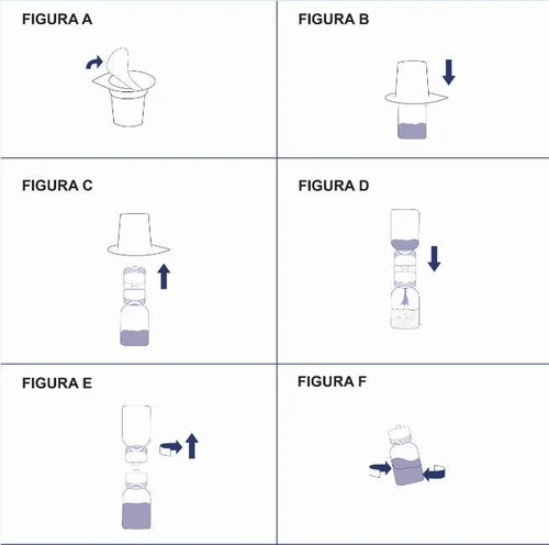 Sequenza di diagrammi medici che mostrano il montaggio di un dispositivo: rimozione tappo, inserimento componente, unione parti e premuta finale
