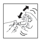 Two hands holding and rotating a medical device with a back-and-forth motion indicated by a double-headed arrow