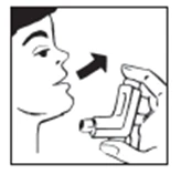 Profile of a man holding an inhaler in his hand and bringing it towards his mouth for use