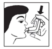 Profile of a man holding an inhaler in his right hand and positioning it in front of his mouth with a black arrow pointing downward
