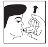 Profile of a person using an inhaler held in one hand while exhaling through the mouth