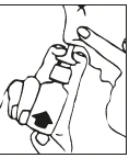 Black and white drawing showing a hand holding a medicine bottle near a person's nose for administration