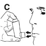 Disegno in bianco e nero di una mano che tiene un inalizzatore vicino alla bocca e al naso di una persona per l'uso del farmaco