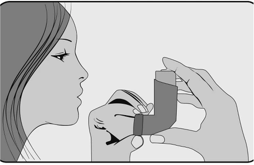 Black and white drawing of a woman holding an inhaler with both hands and bringing it to her mouth for use