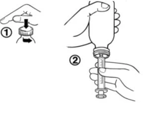 Two-step diagram showing a hand pressing the cap onto a vial and a