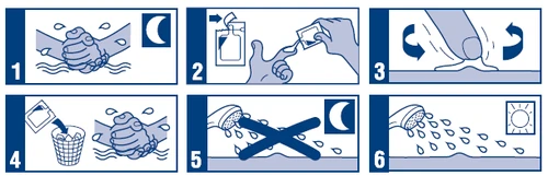 Six numbered panels illustrating the steps for hand washing, opening the sachet, product application, disposal, and overnight storage