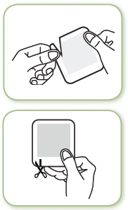 Two line drawings show hands opening a pouch and then cutting a square of material with scissors