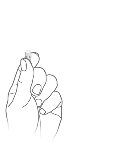 Dibujo lineal de una mano que sostiene entre el pulgar y el índice una única pastilla blanca de forma ovalada