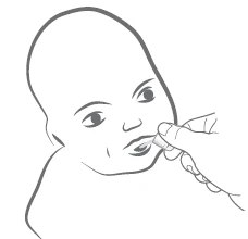 Dibujo lineal de un recién nacido con una mano que introduce un aplicador o un tubo blanco en la boca