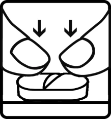 Two black arrows indicate pressing downward with fingers on the two ends of a package to open it over a white disc