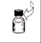 Disegno in bianco e nero di un flaconcino di vetro con tappo nero e una freccia curva che indica il movimento di svitamento del tappo