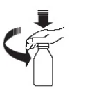A hand pressing the dispenser of a bottle with a downward arrow and a curved arrow indicating the rotation movement of the cap