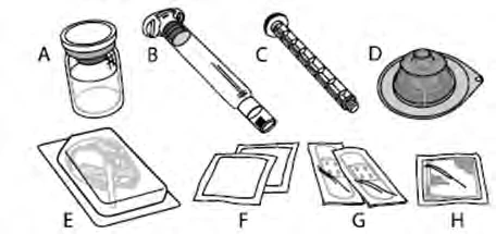 Disegno tecnico di flaconcini, siringhe, aghi, cerotti e dispositivi medici etichettati con le lettere A, B, C, D, E, F, G, H