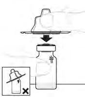Technical drawing showing a hand pressing a cap onto a vial with a downward arrow and a box with an X