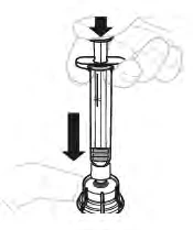 A hand gripping a syringe with black arrows indicating downward pressure movement for
