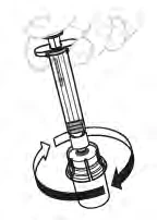 Technical drawing of a syringe with a circular arrow indicating rotational movement of the base for