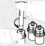 Technical illustration showing a hand inserting a pen-like device into a glass vial next to two other vials