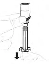 A hand holding a syringe in vertical position with a black arrow pointing downward indicating the direction of pressure