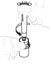 Two hands rotating a cylindrical device downward to attach its upper part to an underlying cylindrical container
