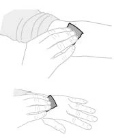 Technical drawing showing two hands applying a patch or dressing onto the upper part of an arm or leg