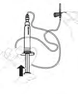 Technical drawing of a syringe with a flexible tube connected to an upper device and a black arrow pointing toward