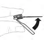 A hand holding a medical device while a black curved arrow indicates rotational movement toward