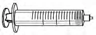 Black and white technical drawing of a horizontal syringe with a graduated barrel and a plunger with knobs at both ends