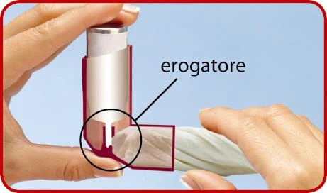 Two hands holding a white cylindrical device with the label 'dispenser' indicated by a black arrow pointing to the base of the container