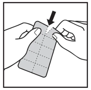 Two hands hold and tear a medicine pouch along a dotted line indicated by a black downward-pointing arrow