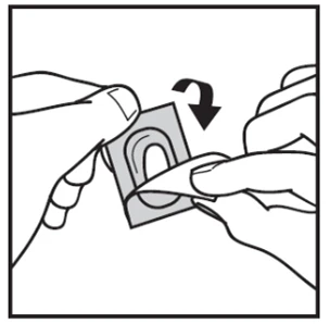 Two hands open a square pouch by bending it downward following the direction indicated by a black curved arrow