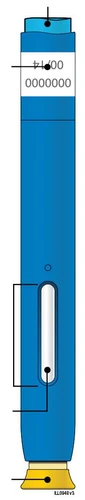 Blue pen-shaped medical device with numeric indicator 00/14 at the top and a white control window on the lower part