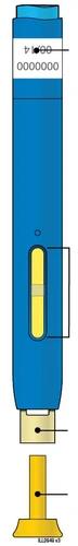 Blue pen-shaped medical device with central yellow window, upper numeric indicator, and gold-colored end components