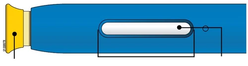 Technical diagram of a blue medical device with yellow tip and central transparent window showing an internal white component