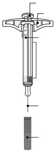Technical diagram of a syringe with batch and expiration indications, with lines pointing to the cap, barrel, and