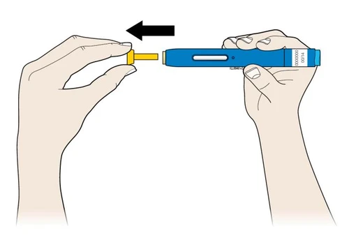Two hands hold a blue and yellow medical device, with a black arrow indicating the separation movement between the two parts